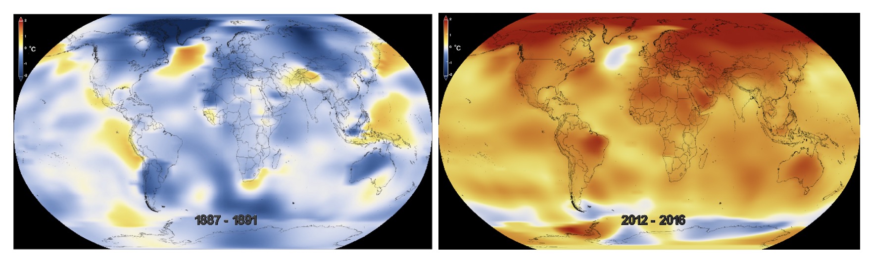 NASA Five-Year Global Temperature Anomalies 1887-1891 (Left) and 2012-2016 (Right).