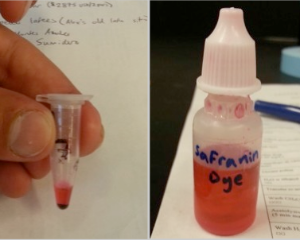 figure 5: Left: sample filled with glycerol to 0.05mL level. Right: glycerol properlt tinted with safranin