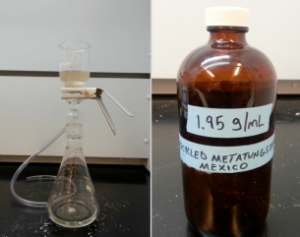 figure 8: left vacuum filtration of fine debris from sodium metatungstate using 2 um filter and vacuum pump. Right: properly labeled recycled sodium metatungstate bottle.