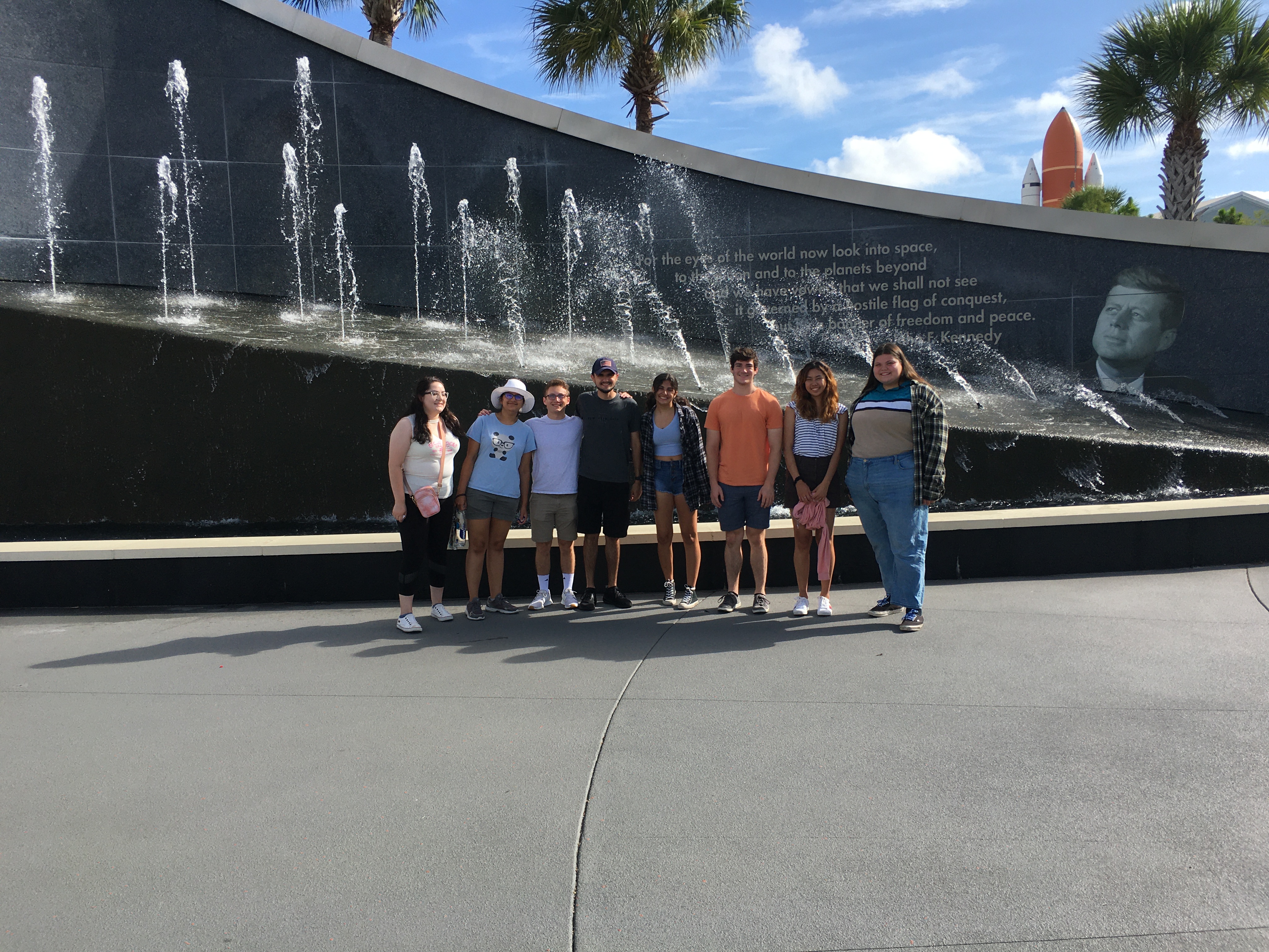 Students in front of JFK fountain at Kennedy Space Center