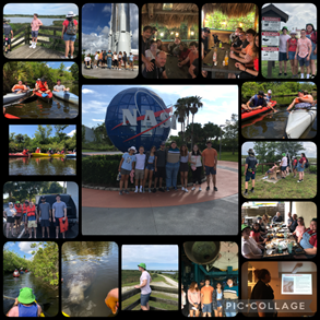 Collage of student activities during REU including visit to Kennedy Space Center and kayaking