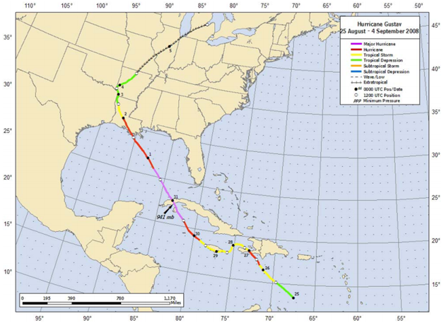 Figure: track positions for Hurricane Gustav, 25 August – 4 September 2008 (Source: NOAA)