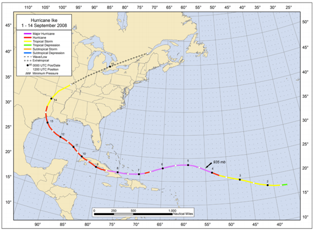 Figure: Best track positions for Hurricane Ike, 1 – 14 September 2008 (Source: NOAA)