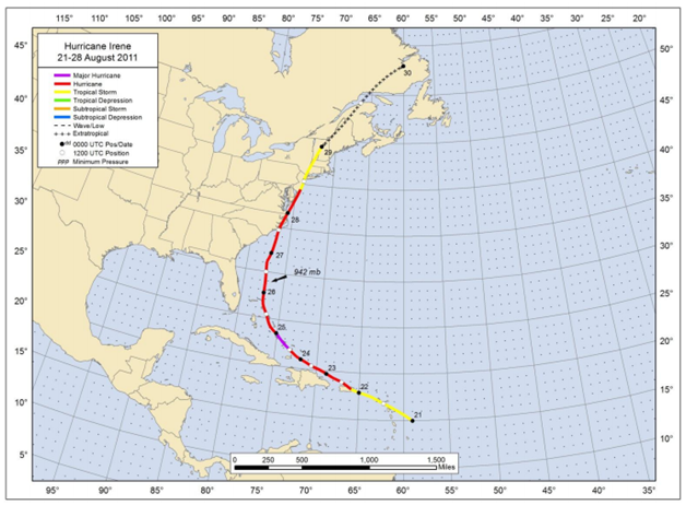 Figure: Best track positions for Hurricane Irene, 21 -28 August 2011 (Source: NOAA)