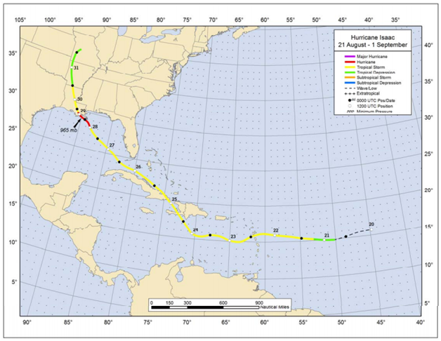 Figure: Best track positions for Hurricane Isaac, 21 August – 1 September 2012. (Source: NOAA)
